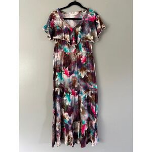 Soft Surroundings Italian Dreams Watercolor Floral V-Neck Tiered Maxi‎ Dress XS